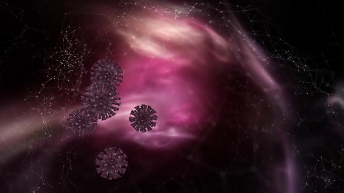 3D冠状病毒结构旋转在未来的暗紫色体积灯背景。
