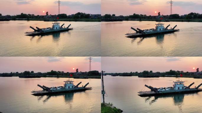 正版4K 航拍夕阳下的淮河轮渡