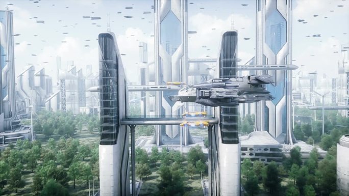 未来城市里的科幻飞船。鸟瞰图。逼真的4k动画。