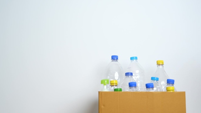 志愿者把塑料瓶放在家里或办公室的纸盒里。手工分类回收垃圾。生态、环保、污染、处置、回收、废物管理和垃