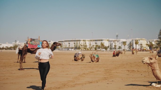 在沙滩上跑步的女游客和放松的骆驼