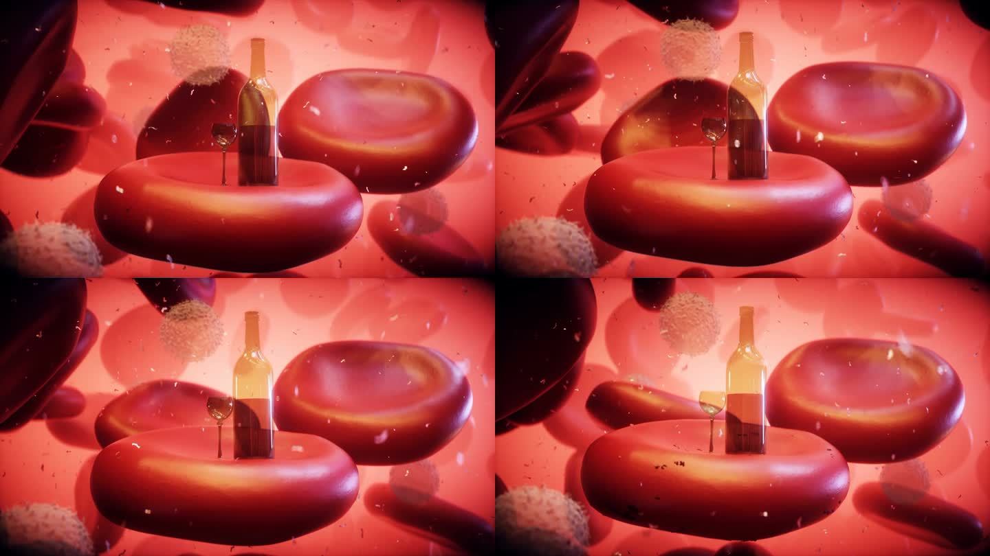 瓶子和人体内的血细胞。酒精概念的危害。逼真的4k动画。
