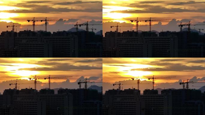 城市夕阳建设场景航拍