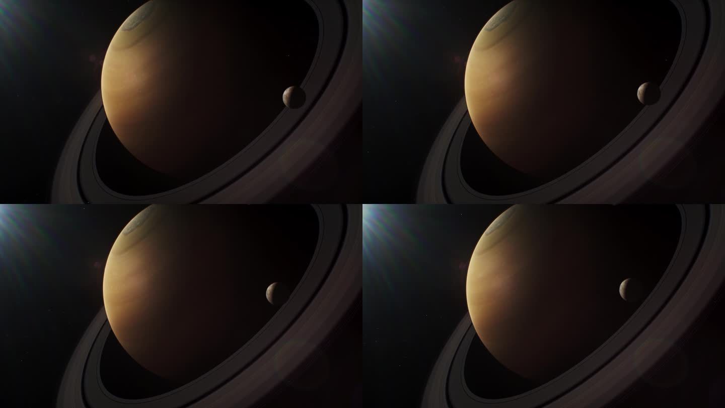 逼真的3D动画土星和它的卫星