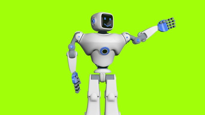 白色和蓝色人形机器人的正面视图，在绿色背景下，它的左臂挥舞着快乐的脸。三维动画