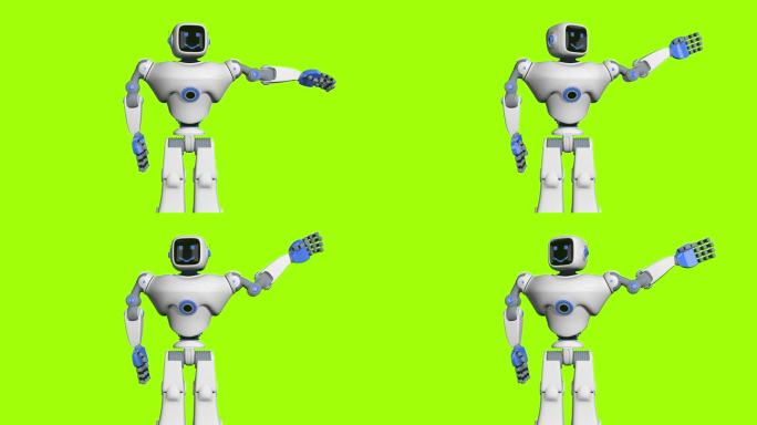 白色和蓝色人形机器人的正面视图，在绿色背景下，它的左臂挥舞着快乐的脸。三维动画