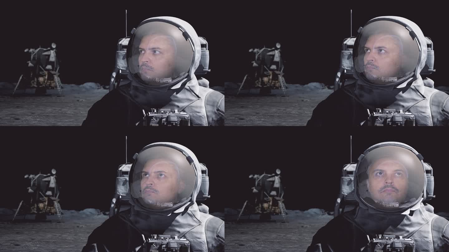 月球上戴着头盔的宇航员的肖像，在太空中看着地球和星系恒星的特写。科幻探险，行星发现任务和勇敢的人类探