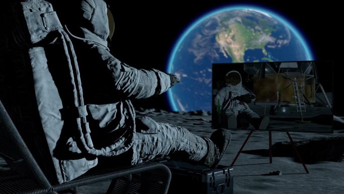 宇航员在月球上戴头盔看地球和星系恒星外太空特写。科幻探险，行星发现任务和勇敢的人类探索，太空行走。