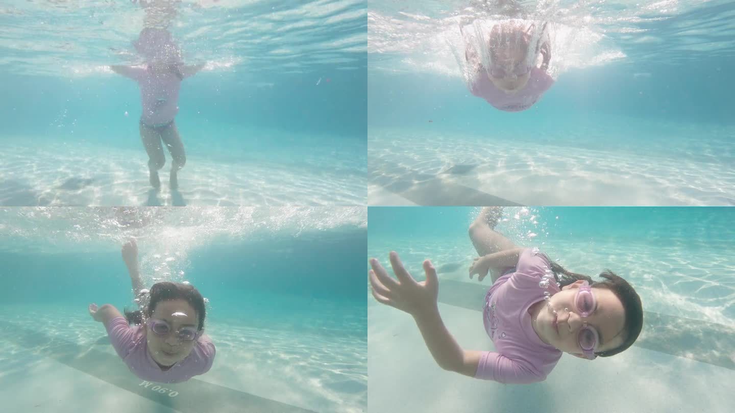 镜头:小女孩戴着潜水镜跳进游泳池，在蓝色的水里像鱼一样潜水。