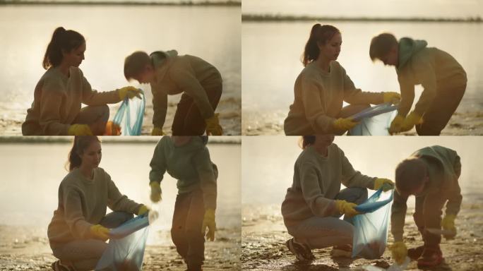母亲和十几岁的儿子在海滩上捡垃圾，男孩把塑料垃圾放进袋子里，击掌
