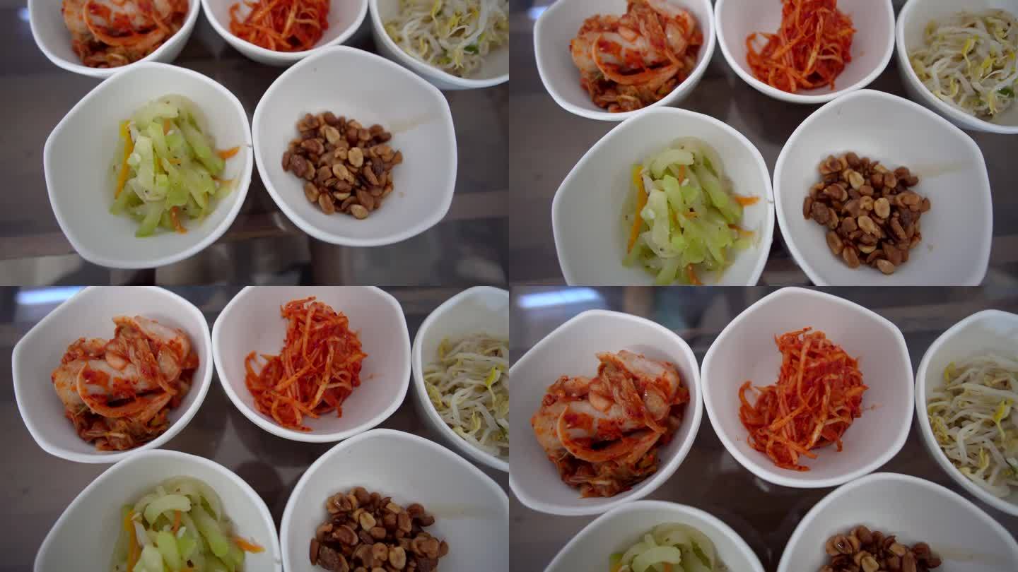 韩国菜配菜盘菜多小份俯视图视频泡菜豆芽蔬菜