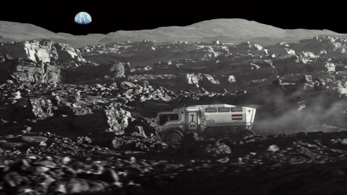 月球的太空殖民。带着荷兰国旗的月球车正在探索地球表面
