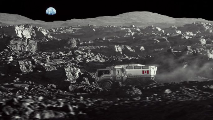 月球的太空殖民。带着加拿大国旗的月球车正在探索地球表面