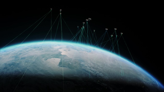 卫星向地球传输信号的三维抽象渲染图