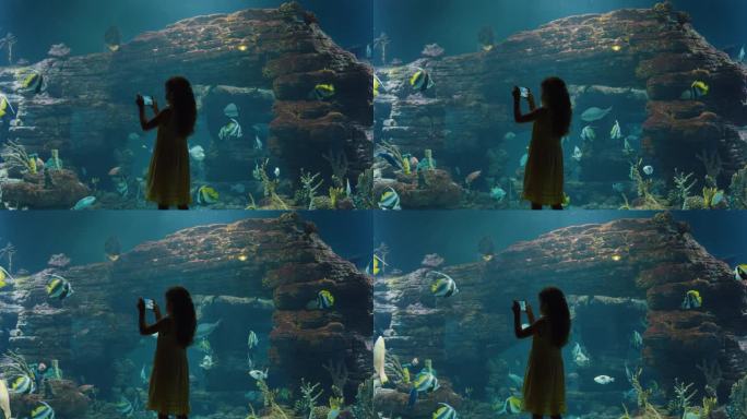 女孩在水族馆里用智能手机拍摄彩色鱼和海洋动物在鱼缸里游泳的照片，好奇的孩子在海洋馆珊瑚礁栖息地观看海