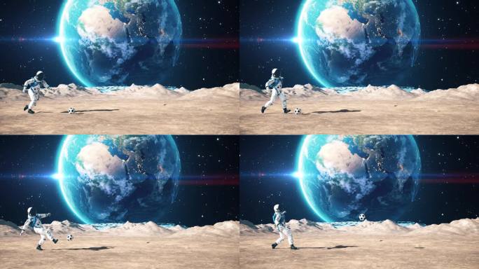 宇航员在外星球踢足球。慢慢地射击。地球是可见的。