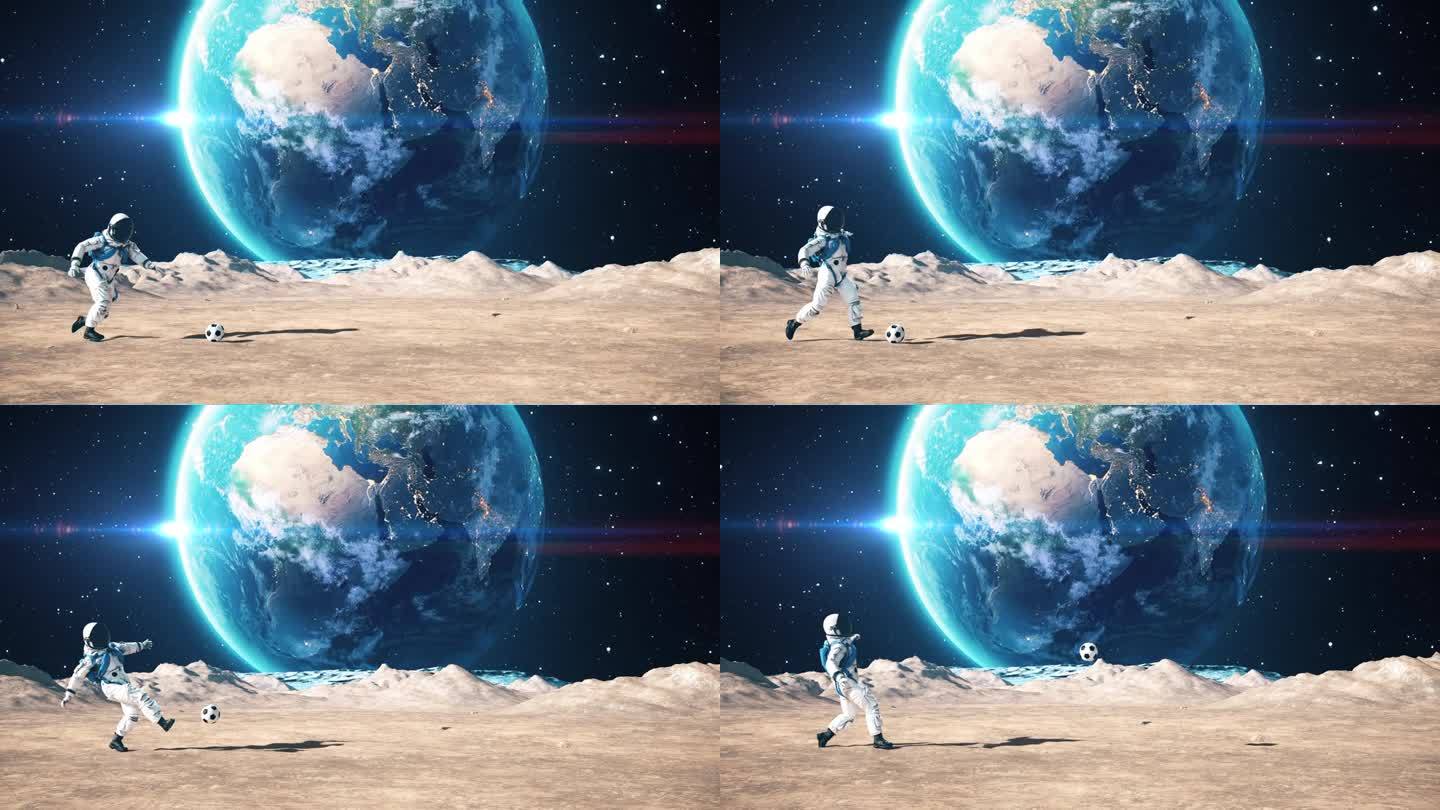 宇航员在外星球踢足球。慢慢地射击。地球是可见的。