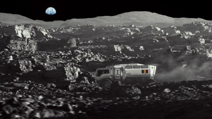 月球的太空殖民。带着比利时国旗的月球车正在探索地球表面