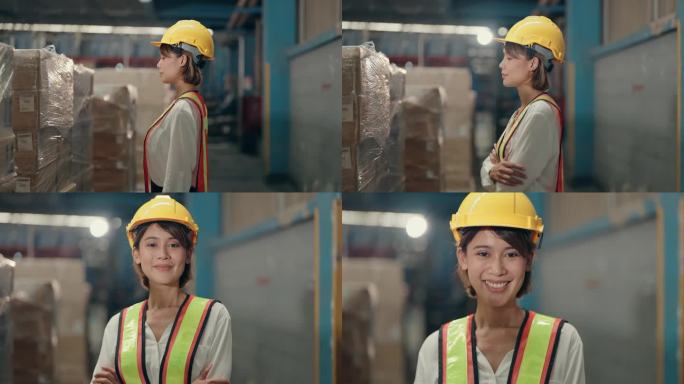 自信的亚洲女性员工在仓库工作场所取得进步