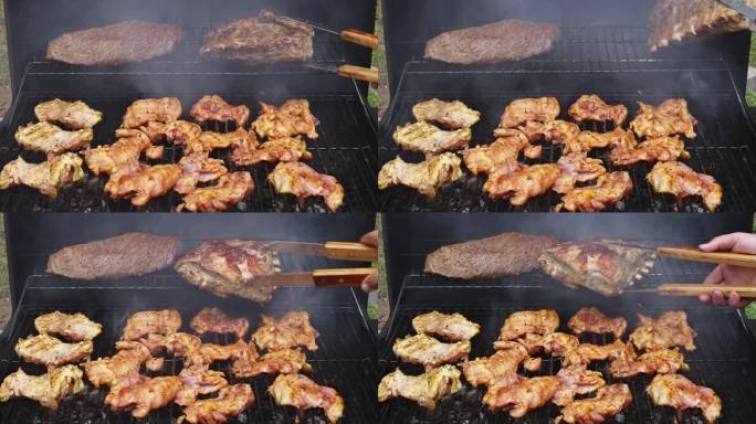 在烤架上烤牛肉、猪肉、鸡肉是一种享受不同种类肉类的美味方式。