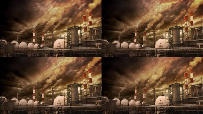 阴暗的燃气发电厂与储存工业中心在日出，虚构的循环视频