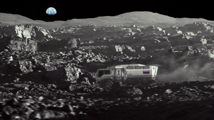月球的太空殖民。带着俄罗斯国旗的月球车正在探索地球表面