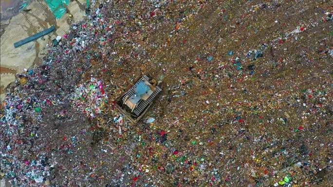 城市生活垃圾填埋场垃圾上空的成群飞鸟