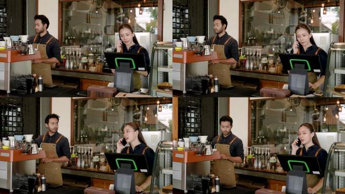 漂亮的亚洲咖啡店老板正在电话里接受小罗的订单。告诉她丈夫做一杯卡布奇诺准备送给顾客。印度女人和男人在