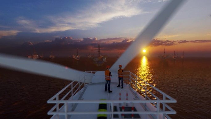 夕阳下，一名维护工人站在海上风力涡轮机上，旁边是石油钻井平台