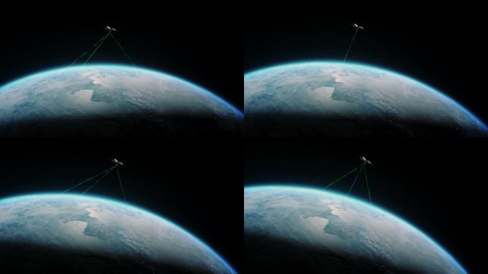 卫星向地球发射信号的三维抽象渲染图