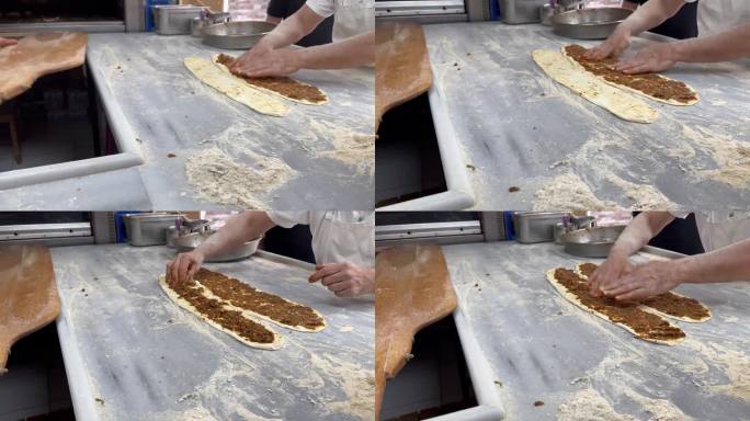 肉皮塔饼:准备扔进烤箱的肉皮塔饼或肉面包