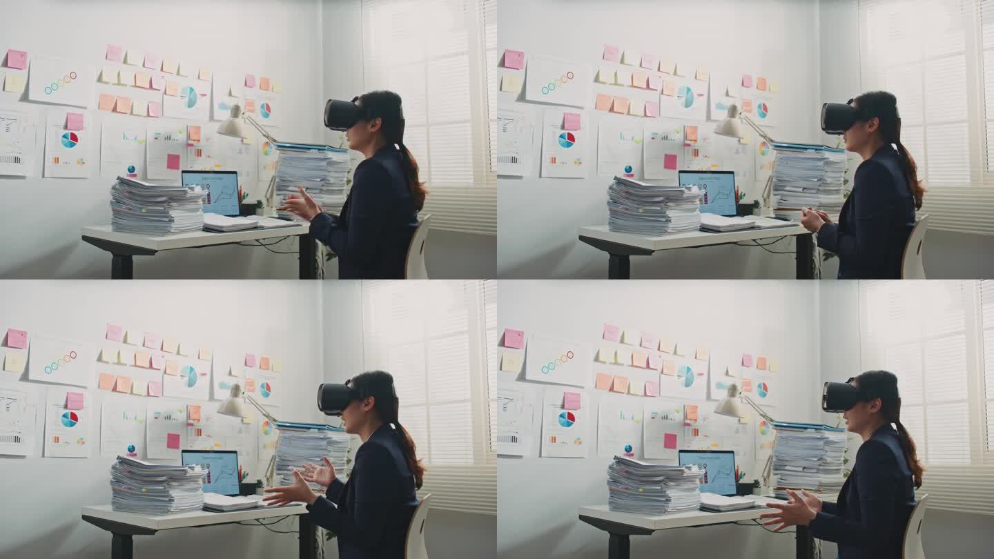 女商人带着VR眼镜在办公室开视频会议