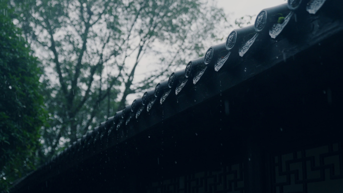 古建筑屋檐下雨树叶雨滴雨景