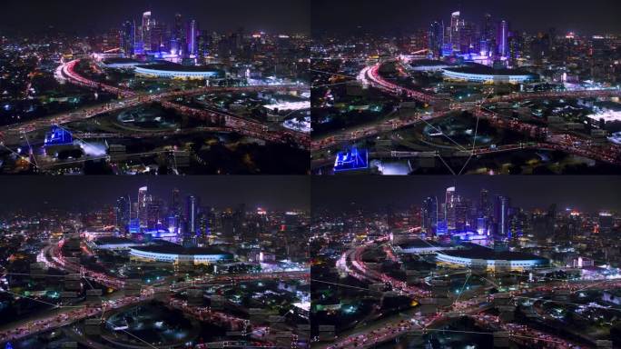 监视系统。加州洛杉矶市中心金融区鸟瞰图。包含司机和车辆信息的文本框。人工智能。的夜晚。