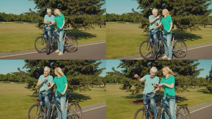 一对骑自行车的老年夫妇使用移动gps导航选择旅行路线