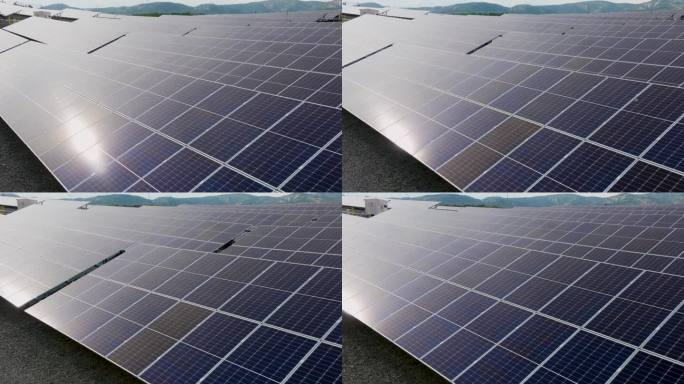 光伏电站-太阳能电池板农场鸟瞰图-绿色可再生能源领域-慢动作50 fps无人机拍摄