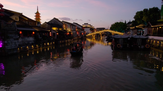 江南古镇唯美晚霞夜景