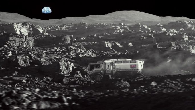 月球的太空殖民。带着英国国旗的月球车正在探索地球表面