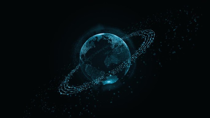 运动图形的蓝色数字地球球标志与粒子环圆旋转和地球球与人工智能技术图标在未来的抽象背景