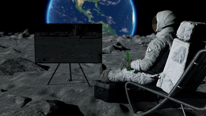 宇航员在月球上戴头盔看地球和星系恒星外太空特写。科幻探险，行星发现任务和勇敢的人类探索，太空行走。