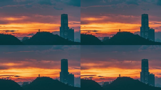 柳州黄昏时分的蟠龙山与高楼延时摄影