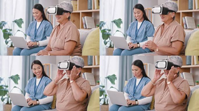 VR，眼镜和医生与老年妇女退休保健，有趣的虚拟世界体验和高科技。快乐的老年患者，家庭护理和护士在笔记