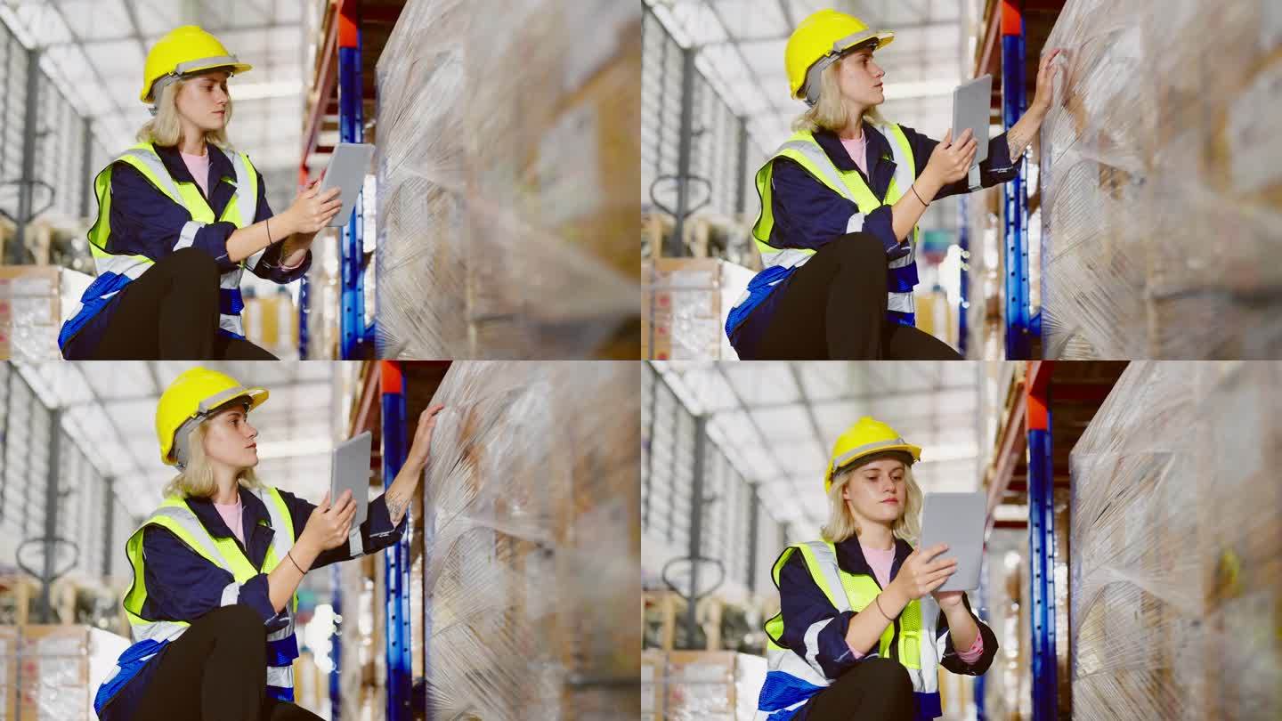 年轻的白人女仓库工人手持数码平板电脑检查库存管理包装盒。女工作人员穿着背心，戴着安全帽，在仓库里清点