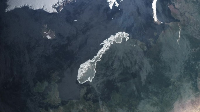 挪威地图突出显示了轮廓边界。从太空开始，放大到挪威。全球地球-平面逼真的3D渲染