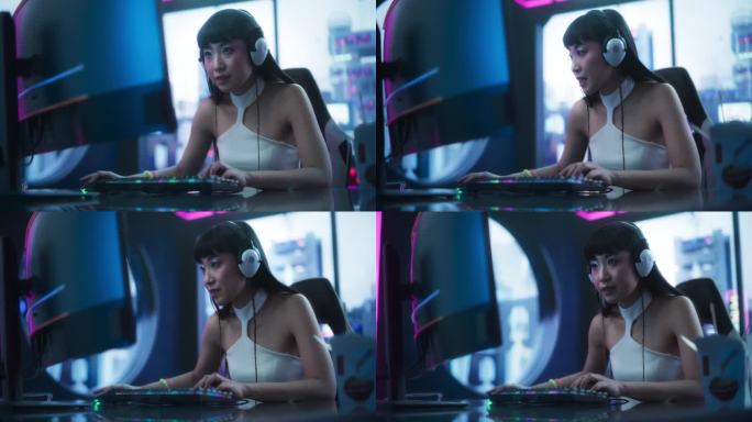 兴奋的日本Cosplay女孩在桌面电脑上玩在线电子竞技锦标赛，周围是赛博朋克风格的背景。互联网流媒体