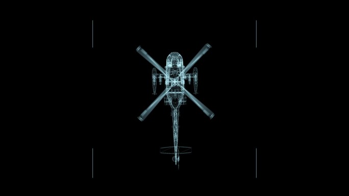未来的3D科幻军用直升机线框。4 k的动画