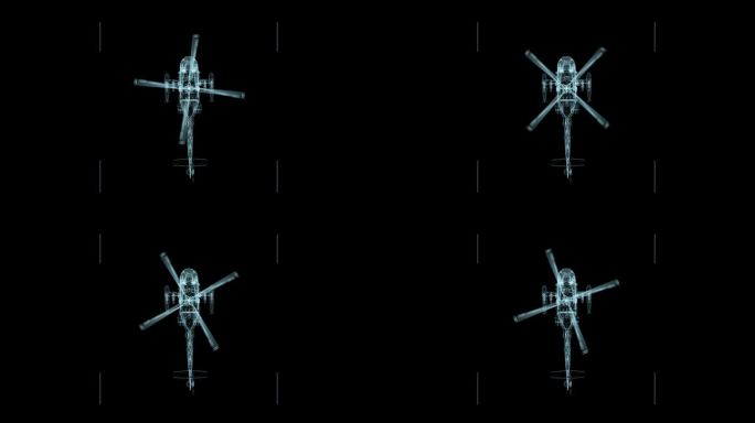 未来的3D科幻军用直升机线框。4 k的动画