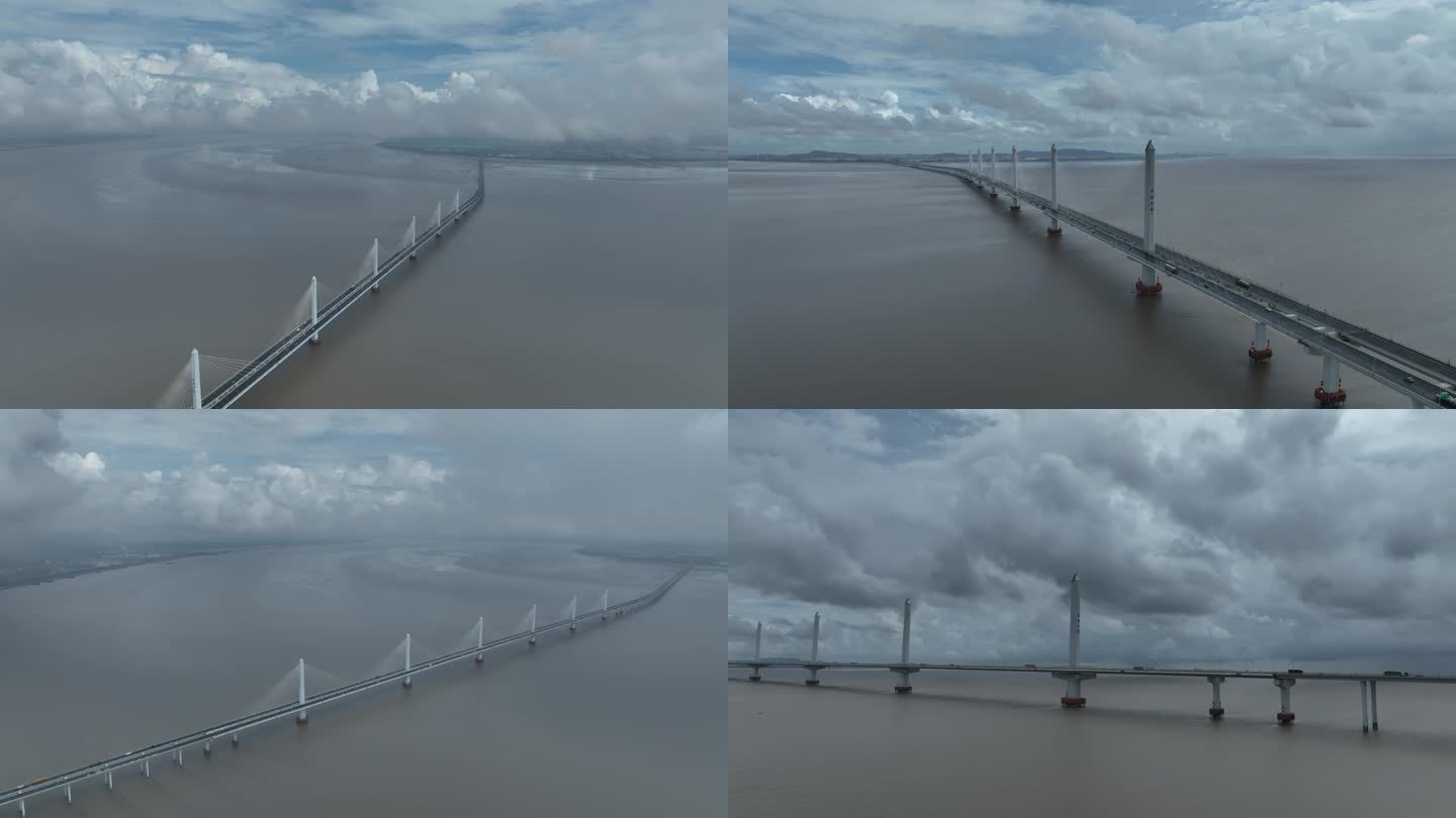 4k航拍嘉绍大桥南岸台风来临前的壮观