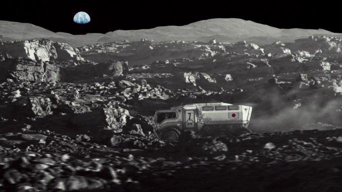 月球的太空殖民。带着日本国旗的月球车正在探索地球表面
