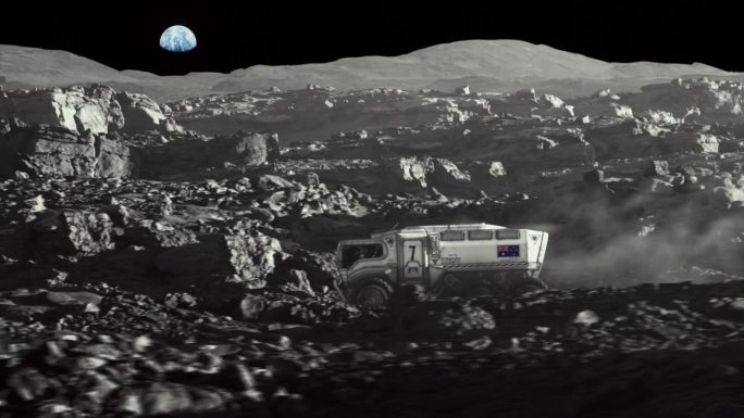 月球的太空殖民。带着澳大利亚国旗的月球车正在探索地球表面